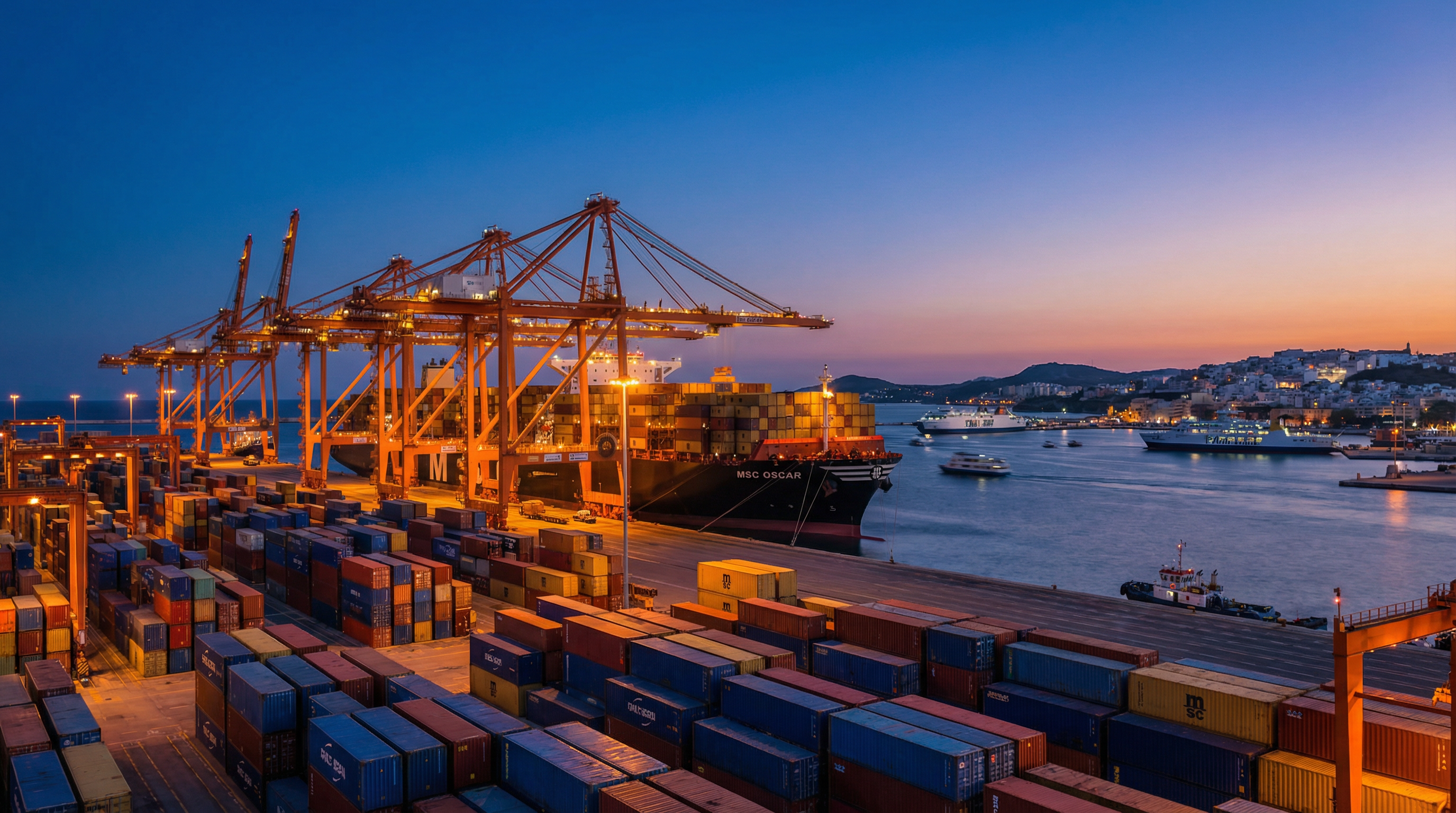 Container port at twilight